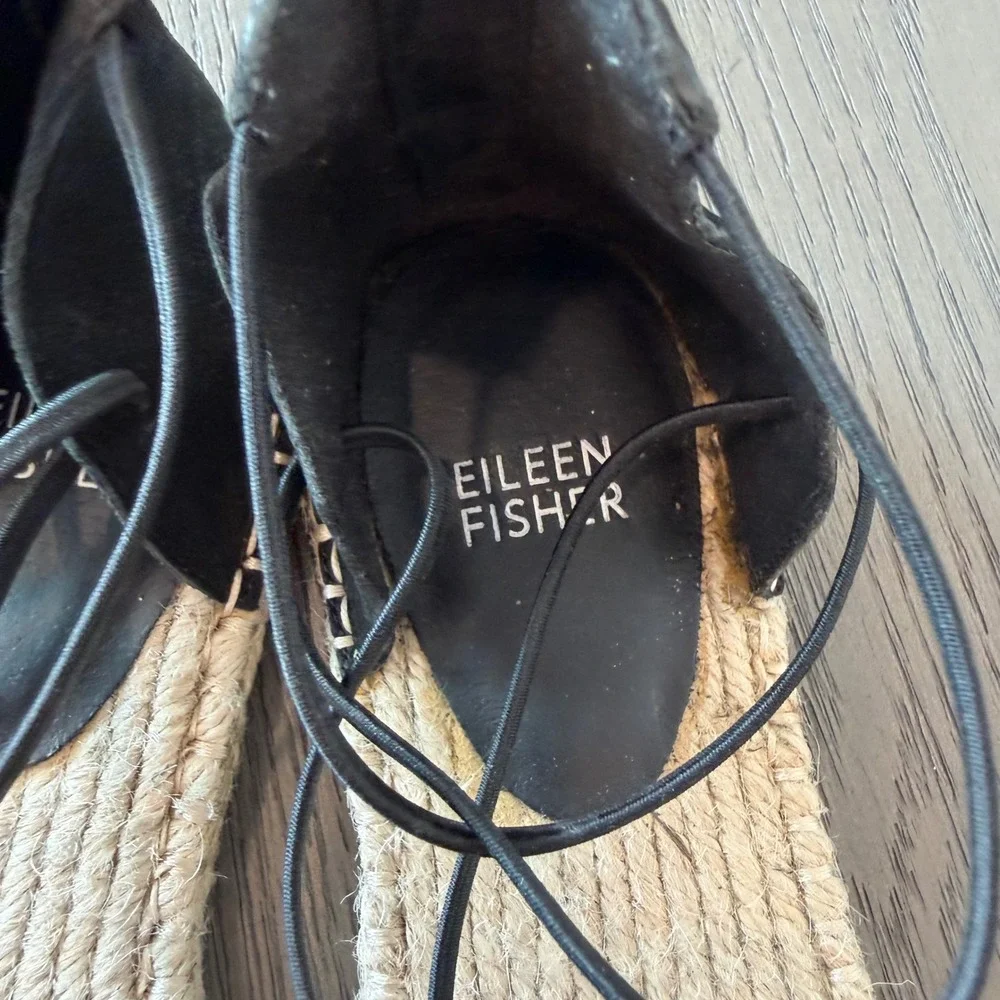 Eileen Fisher Black Suede Lace Up Espadrille Flats Back Zip Sandals‎ 7.5